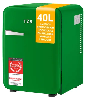 Produktbild von TZS First Austria - Retro Mini Kühlschrank 40L lautlos - Minibar im Vintage-Design mit Innenbeleuchtung & 2 Türfächern - Dunkelgrün