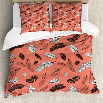 Produktbild von ABAKUHAUS Retro Bettbezug Set für Einzelbetten, Bohemian Hand gezeichnete Federn, Milbensicher Allergiker geeignet mit Kissenbezug, 155 cm x 220 cm - 80 x 80 cm, Salmon Koksgraue