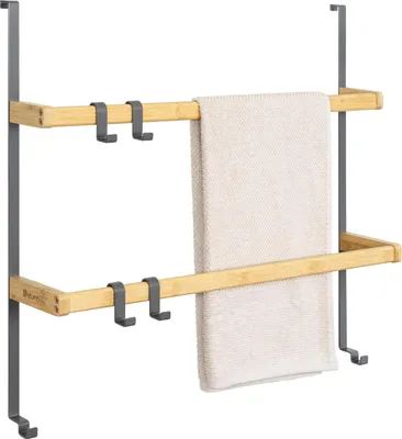 Image de eluno Étagère suspendue de porte en métal et bambou, porte-serviettes de porte avec 2 barres porte-serviettes, 4 crochets pratiques, à accrocher sans percer, gris