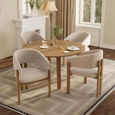Productafbeelding van Flieks: 4 eetkamerstoelen van metaal met een houten uitstraling, keukenstoelen met linnenstof bekleding, gestoffeerde stoelen, afmetingen 61,5x52,5x83 cm, natuurlijke houtkleur