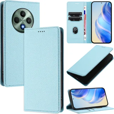 Image de Etui en cuir pour Oppo Reno12F 5G/Reno12F 4G, Litschi cuir, étui portefeuille avec fentes pour cartes et support bleu clair