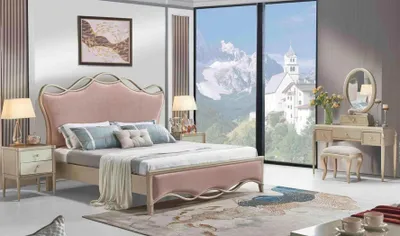 Immagine prodotto di Letto rosa Letto matrimoniale 2x comodino Letti d'albergo classici Mobili da camera da letto
