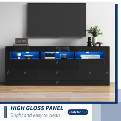 Produktbild von TV-Schrank mit LED-Beleuchtung, 3 offenen Fächern, 2 Schubladen, Smart App Steuerung, für 70-Zoll-Fernseher,Hochglanz-TV-Ständer