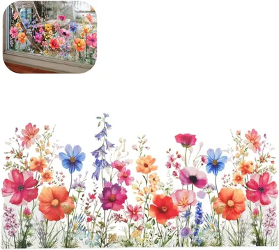 Produktbild von Selbstklebende Fenstersticker mit bunten Blumen in Glasvasen (30 x 60 cm) | Wiederverwendbare DIY Fensteraufkleber für Kinderzimmer, Schlafzimmer, Badezimmer und Küche | Doppelseitig