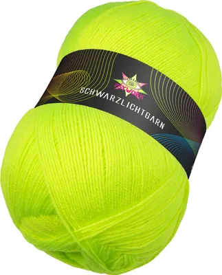A ball of neon yellow yarn with a black label.