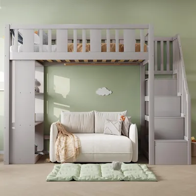 Produktbild von okwish Hochbett 90x200 mit Stauraumtreppe,Kinderbett mit mehreren großen Staufächern,Funktionsbett ohne Matratze,Grau