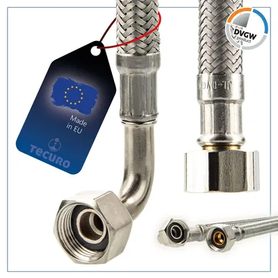 Produktbild von tecuro Trinkwasser Zulaufschlauch IG mit Bogen 90° x IG - KTW-A- DVGW 3/8 x 3/8 x 200 mm