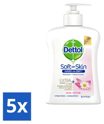 Image de 5 flacons de savon antibactérien pour les mains Dettol, hydratant, à la camomille, 250 ml. Pack économique de 5 pièces