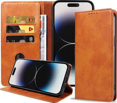Produktbild von Smartphonica iPhone 14 Pro Kunstledertasche mit Magnetverschluss und Kartenhaltern Buchhülle - Braun
