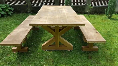 Produktbild von Casa Padrino Gartenmöbel Set Rustikal - Tisch + 2 Garten Bänke (Länge: 200 cm) - Eiche Massivholz
