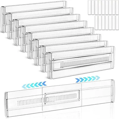Produktbild von PolkaHome® 8er Set Verstellbare Schubladen-Organizer aus Kunststoff, Teleskop-Schubladenteiler 28,7-50,5 cm, Transparente Ladeeinteilung