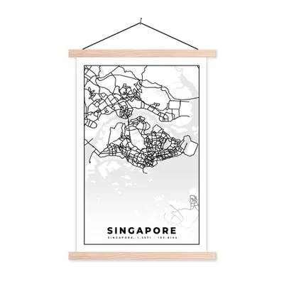Produktbild von MuchoWow® Textilposter Singapur - Karte - Stadtplan - Schwarz und weiß 120x180 cm mit holzfarbenen Rahmen - Textil-Plakat