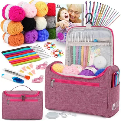 Productafbeelding van Haakset voor beginners, met 23 naalden, 600 meter garen, instructies en een tas, in roze