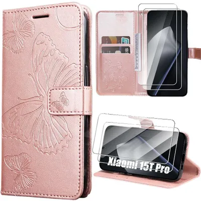 Image de Coque + 2 Verres Trempés pour Xiaomi 15T Pro, Antichoc Anti-Rayures CuirPolyuréthaneRose Motif Papillons