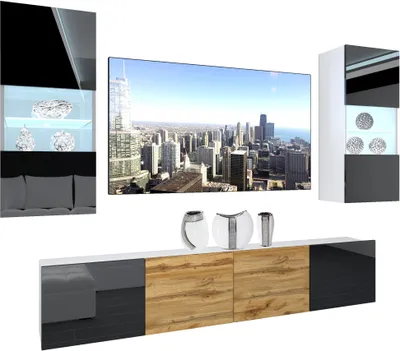 Produktbild von BELINI Wohnwand Vollausstattung Wohnzimmer-Set Moderne Schrankwand mit LED-Beleuchtung Weiß Glänzend Anbauwand TV-Schrank Schwarz / Wotan Eiche Glänzend/Matt