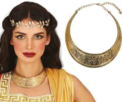 Imagen del producto de Collar egipcio romano, con un adorno de hojas doradas. Arqueología, terciopelo rojo, carnaval, clásico, antigüedad, glamour, elegancia, joyería festiva, grecia, mitología, misterio. Color: dorado