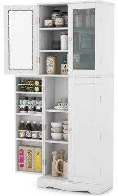 Immagine prodotto di Mobile da cucina - Credenza da cucina - Armadio contenitore - Comò - Autoportante - Bianco - 2 ante - 14 ripiani