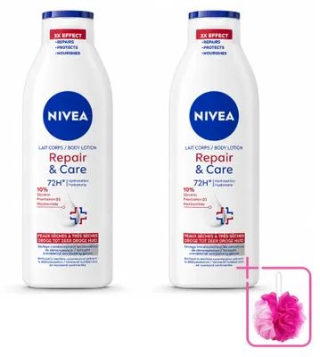 Immagine prodotto di 2 confezioni di crema corpo NIVEA Repair & Care per pelli secche - 250 ml - confezione risparmio - 2 pezzi