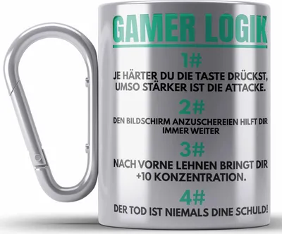 Produktbild von Trendation - Gamer Logik Edelstahl Tasse Karabiner Geschenk für Jungs Jungen Geschenkidee zum Geburtstag Lustiger Spruch (Silber)