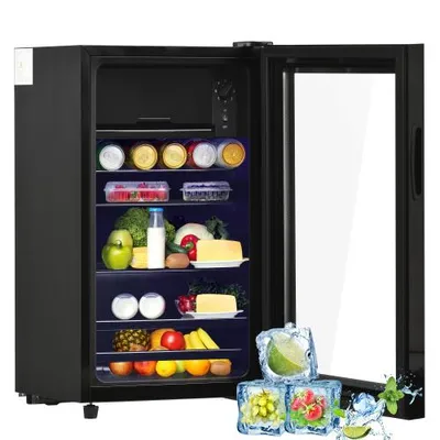 Produktbild von AIORBER 76L Mini-Kühlbox mit 6L Gefrierfach, LED-Licht, leiser Betrieb, energieeffizient, Glastür & verstellbaren Regalen – Schwarz
