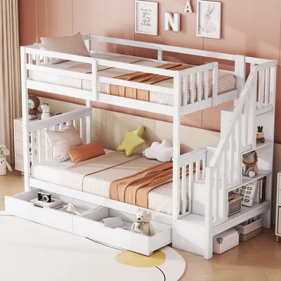 Image de OKWISH Lit Superposé 90x200 cm - Lit Enfant Avec Étagère d'Escalier et 2 Tiroirs, Sans Matelas, Pin Massif + MDF, Blanc