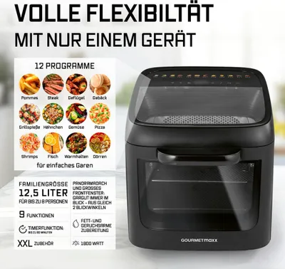 A black air fryer oven is shown with marketing text and feature callouts.