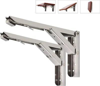 Two folding shelf brackets are shown against a white background. In the top right corner, there are three smaller images showing examples of how the brackets can be used to mount shelves.