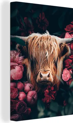 Produktbild von MuchoWow® - Leinwandbilder - Kuh - Schottischer Highlander - Blumen - Botanisch, Wandbild, Wanddeko Bilder Wohnzimmer, 80x120 cm