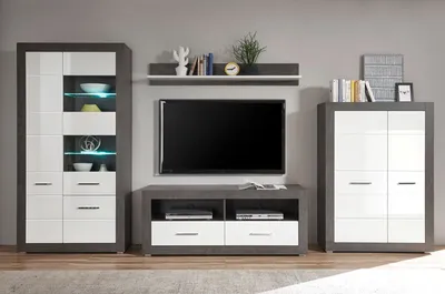 Produktbild von Etero Wohnwand 350cm dark concret / weiß Hochglanz Lowboard Modern