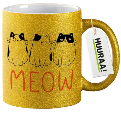 Produktbild von Huuraa Glitzertasse Katzen Meow Comic 330ml Gold Keramik Kaffeebecher Geschenkidee