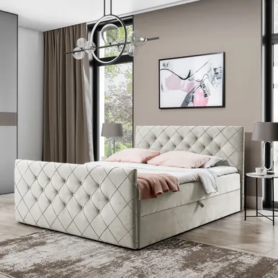 Image de Lit double boxspring MONAKO - 140x200cm Lit avec matelas Bonell, avec coffre de lit pour linge de lit et topper. Tête et pied de lit rembourrés etReproductionés d'une élégante surpiqûre (beige)