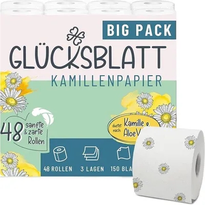 Produktbild von Glücksblatt Toilettenpapier KAMILLE, 3-lagig, 48 Rollen x 150 Blatt, Duft nach Kamille, 100% Zellstoff, weiches Klopapier mit bunten Kamillenblüten