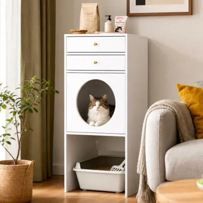 Produktbild von 2-in-1 Katzenmöbel 50x40x105cm Weiß, mit 2 Schubladen & runder Katzenhöhle, E1 umweltfreundliches MDF, goldene Griffe