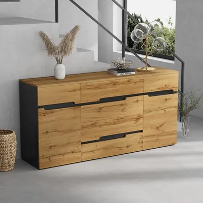 Produktbild von Merax Sideboard mit Holzoptik, Wohnzimmerschrank mit 2 Türen und 4 Schubladen, Moderne grifflose Kommod mit Stauraum, Holz + Schwarz