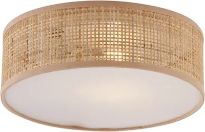 A close-up view of a ceiling light with a rattan shade.