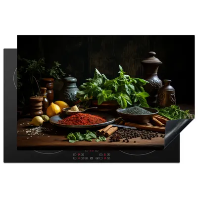 Produktbild von KitchenYeah© Herdabdeckplatte Stilleben - Kräuter - Schwarz , 80x52cm, Küche Deko, Glaskeramikkochfeld Herdabdeckung, Abdeckplatte fùr Kochfeld