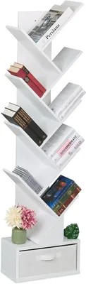 Productafbeelding van Boekenkast - 9 etages - 146x38x22 cm - Boomvorm - Cd's - Dvd's - Boekenrek met lade - Vakkenkast - Wit