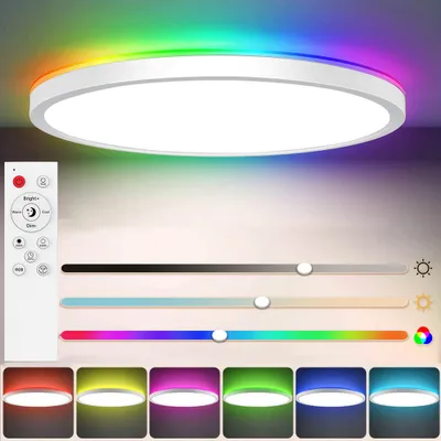 Produktbild von lampa sufitowa LED 24W ze zmianą kolorów RGB, ultra cienka lampa sufitowa ściemniana pilotem, płaskie białe lampy do salonu, sypialni, na imprezę 29cmx3cm