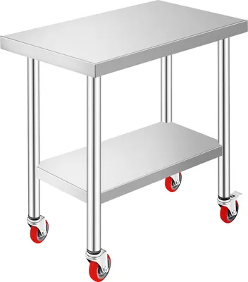 A stainless steel utility cart with two shelves and red casters, isolated on a white background.