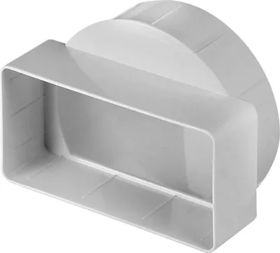 A white plastic adapter for an air duct system.