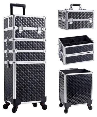 Produktbild von Rollender Schminkkoffer - 4-in-1 Kosmetiktrolley - Großes Volumen 36–55 L - 4 ausziehbare Fächer - PVC Koffer auf Rollen - Abschließbar mit Schlüsseln - Schwarz
