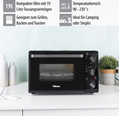 Produktbild von Tristar OV-3620 Mini-Backofen, 19 l, Schwarz, Edelstahl, Freistehend, Drehregler, 0 - 230 °C, Metall
