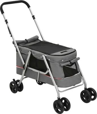 A gray pet stroller is shown against a white background.