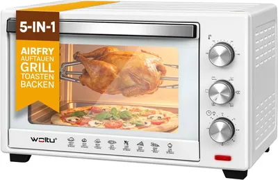 Produktbild von WOLTU Mini Backofen mit Umluft, Pizzaofen 32 L, 1600 W, 100-230 °C, 0-60 Min. Timer, 5 Heizmodi, Doppelglastür, mit Drehspieß Backblech Grillrost Krümelblech Rostheber, Weiß