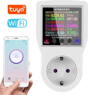 Zdjęcie produktu dla Inteligentne gniazdko elektryczne Tuya WLAN z wyświetlaczem zużycia energii - Licznik energii z kolorowym wyświetlaczem 2,4" i zdalnym sterowaniem za pomocą aplikacji - Inteligentne gniazdko elektryczne WiFi