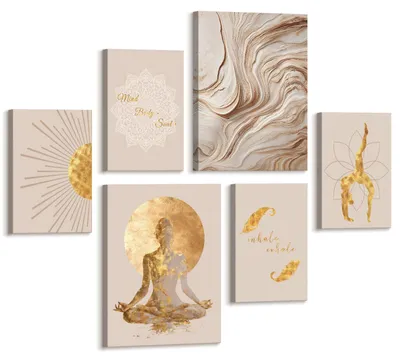6er-Set minimalistischer Yoga-Bilder, beige-golden, 20x30 cm x4 + 30x40 cm x2