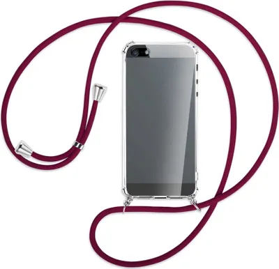Produktbild von Handykette Backcover-Schutzhülle mit Band (Metall silberfarben) für Apple iPhone 5, 5S, SE - dunkelrot