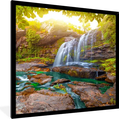Produktbild von MuchoWow® Gerahmtes Poster Natur - Wasserfall - Pflanzen - Bäume - Sonne 40x40 cm - Poster mit Schwarzem Bilderrahmen Wandposter Rahmen Foto Bilder - Mit Rahmen - Wanddekoration Schlafzimmer