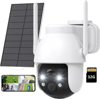 Image de 2K 3MP caméra de surveillance extérieure solaire 360° PTZ caméra de surveillance extérieure batterie WLAN caméra avec détecteur de mouvement PIR couleur vision nocturne avec 32G