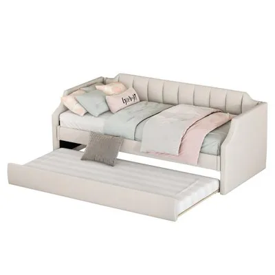 Produktbild von Schlafsofa, 90x200cm/90x190cm, Einzelsofa mit Bettfunktion, Ausziehbett inkl. Lattenrost, Bezug aus Leinen, Einzelbett, Jugendbett, Polsterbett